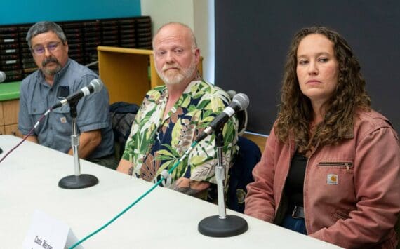 John Osenga, Michael Calhoon and Casie Warner participate in a Seward City Council candidate forum hosted by KBBI 890 AM and the Peninsula Clarion at the Seward Community Library and Museum in Seward, Alaska, on Thursday, Sept. 12, 2024. (Jake Dye/Peninsula Clarion)