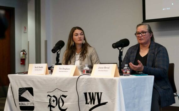 Sarah Douthit and Jeanne Reveal participate in a candidate forum for the Kenai Peninsula Borough School District Board of Education at the Soldotna Public Library in Soldotna, Alaska, on Monday, Sept. 16, 2024. (Jamie Diep/KBBI)