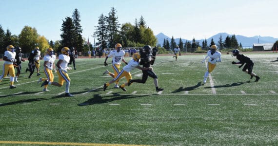 Homer Mariners against the Barrow Whalers in the first quarter of the Sept. 21, 2024 homecoming game on the Mariner field in Homer, Alaska. Emilie Springer/ Homer News
Homer Mariners play against the Barrow Whalers in the first quarter of the homecoming game Saturday, Sept. 21, 2024 on the Mariner field in Homer, Alaska. Emilie Springer/ Homer News