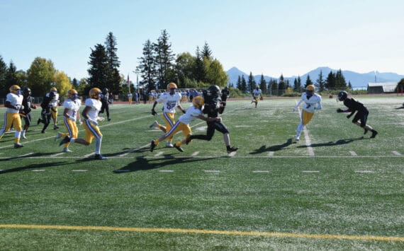 Homer Mariners against the Barrow Whalers in the first quarter of the Sept. 21, 2024 homecoming game on the Mariner field in Homer, Alaska. Emilie Springer/ Homer News
Homer Mariners play against the Barrow Whalers in the first quarter of the homecoming game Saturday, Sept. 21, 2024 on the Mariner field in Homer, Alaska. Emilie Springer/ Homer News