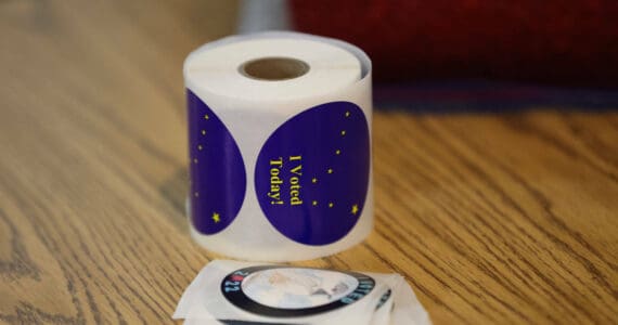 “I voted” stickers await voters on Election Day 2022. That election was the first regular general election in Alaska to include ranked choice voting, which was narrowly approved by voters in 2020. (Ben Hohenstatt / Juneau Empire file photo)