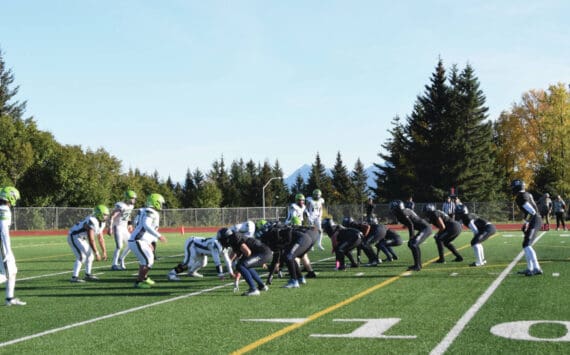 Emilie Springer/Homer News
The Homer varsity Mariners get ready against Redington at the line of scrimmage during the first quarter of the home game on Friday, Sept. 27<ins>, 2024,</ins> at the Homer High School football field<ins> in Homer, Alaska</ins>.