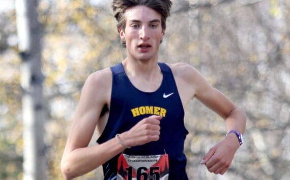 Homer’s Johannes Bynagle heads into the second lap of the Division II boys varsity race of the Region 3 Championships on Saturday, Sept. 28, 2024, in Wasilla, Alaska. (Photo by Jeremiah Bartz/Frontiersman)