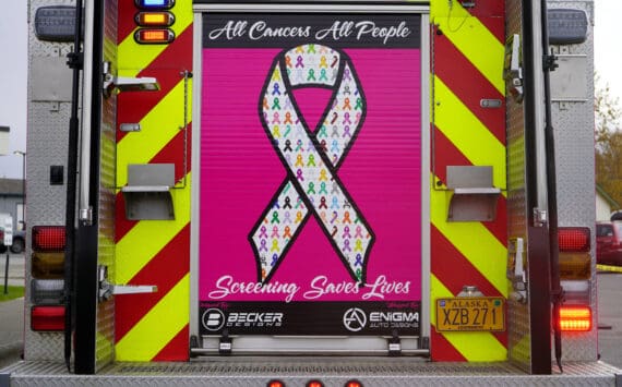 “Miss Rosey,” a pink fire engine dedicated to raising awareness about cancer prevention and screening, is seen after her unveiling at Central Peninsula Hospital in Soldotna, Alaska, on Saturday, Sept. 28, 2024. (Jake Dye/Peninsula Clarion)