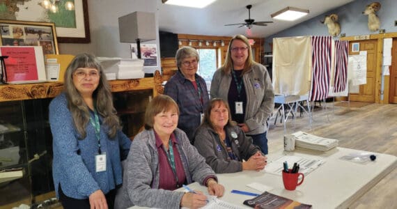 Left to right: Loretta Stapel, Mary Perry, Bobby Ness, Carol Slavik and Maureen Tracy volunteer as election workers at the Anchor Point Community and Senior Center for the Kenai Peninsula Borough Regular Election on Tuesday, Oct. 1 in Anchor Point. (Delcenia Cosman/Homer News)