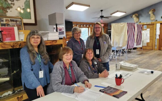 Left to right: Loretta Stapel, Mary Perry, Bobby Ness, Carol Slavik and Maureen Tracy volunteer as election workers at the Anchor Point Community and Senior Center for the Kenai Peninsula Borough Regular Election on Tuesday, Oct. 1 in Anchor Point. (Delcenia Cosman/Homer News)