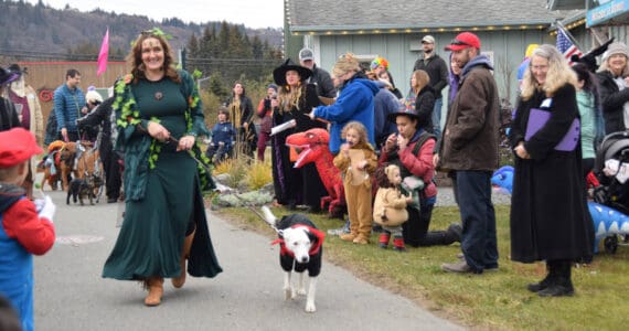 Sleeping Sisters AK artist Joanne Glaves and her dog, Newt, stride past the judges and cheering audience during the Pet Costume Contest at the Fall Fest at the Homer Chamber of Commerce on Saturday, Oct. 28, 2023 in Homer, Alaska. (Delcenia Cosman/Homer News)