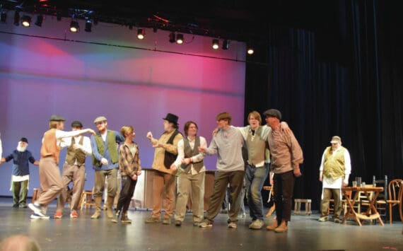 Emilie Springer/Homer News
Homer performers sing and dance in “To Life” from the musical “Fiddler on the Roof” at a dress rehearsal on Oct. 3<ins>, 2024</ins> on the Mariner Stage in Homer<ins>,</ins> <ins>Alaska</ins>.