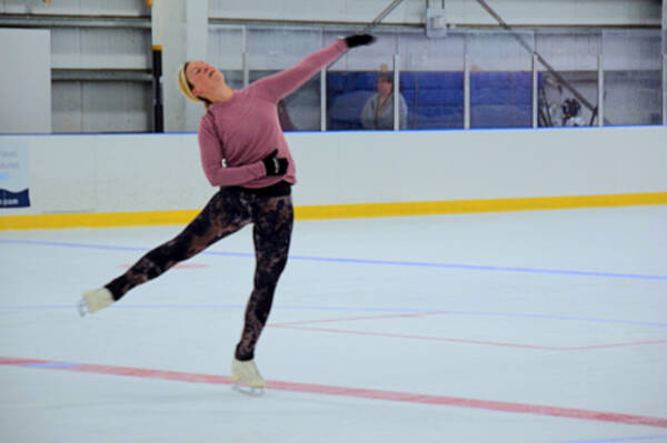 Ashley Keithley from Seldovia figure-skates on the ice rink at the Kevin Bell Arena during the free open skate on opening day, Saturday, Oct. 5, 2024, in Homer, Alaska. (Delcenia Cosman/Homer News)