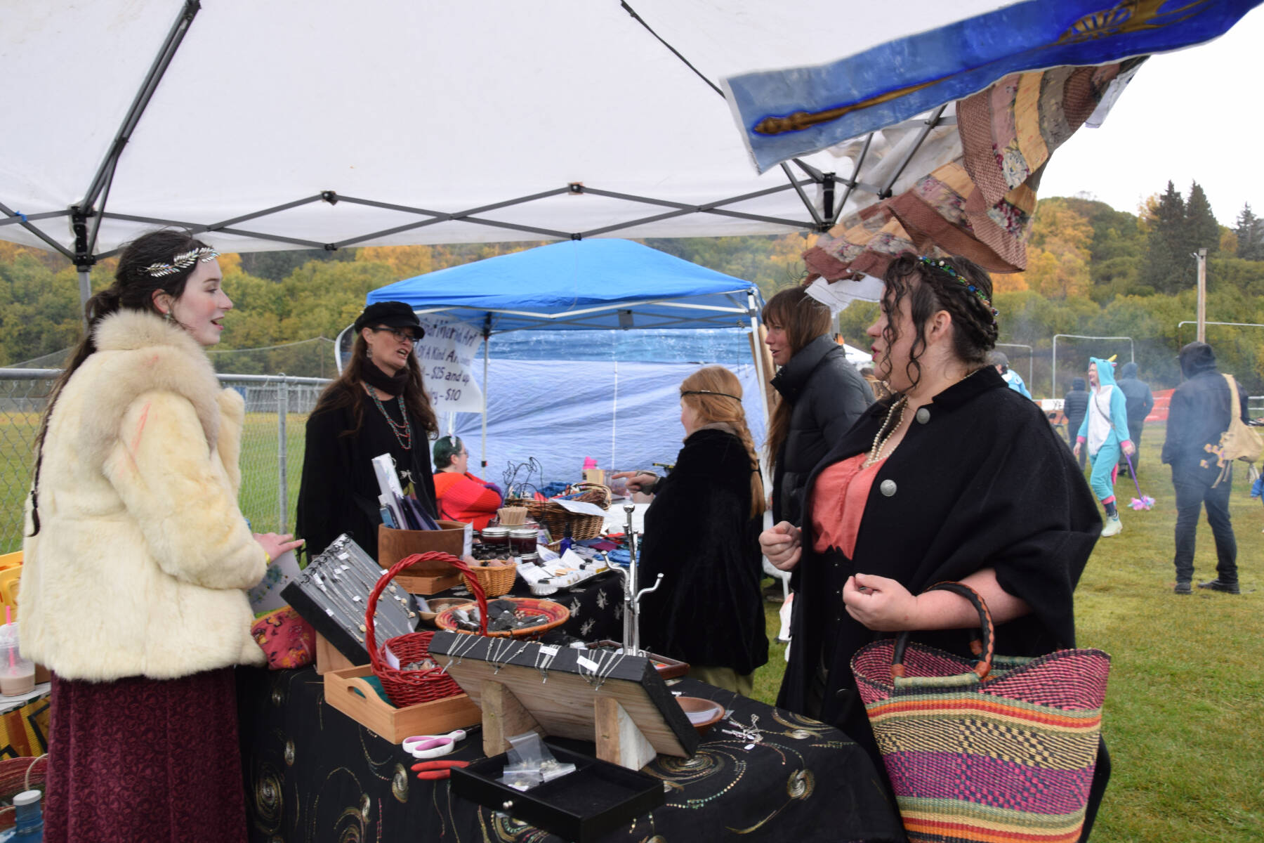 Fairgoers browse vendors’s stalls for handicrafts and merchandise at Ye Olde Harvest Festival at Karen Hornaday Park on Saturday, Oct. 5, 2024, in Homer, Alaska. (Delcenia Cosman/Homer News)