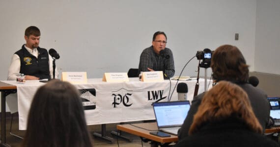 Alaska State Sen. Jesse Bjorkman (R-Nikiski), left, and Alaska House Rep. Ben Carpenter (R-Nikiski) participate in the Senate District D candidate forum hosted by the Peninsula Clarion and KDLL 91.9 FM on Monday, Oct. 7, 2024, at the Soldotna Public Library in Soldotna, Alaska. (Photo by Erin Thompson/Peninsula Clarion)