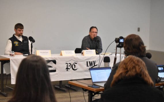 Alaska State Sen. Jesse Bjorkman (R-Nikiski), left, and Alaska House Rep. Ben Carpenter (R-Nikiski) participate in the Senate District D candidate forum hosted by the Peninsula Clarion and KDLL 91.9 FM on Monday, Oct. 7, 2024, at the Soldotna Public Library in Soldotna, Alaska. (Photo by Erin Thompson/Peninsula Clarion)