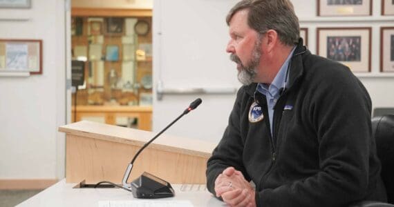 Kenai Peninsula Borough Purchasing & Contracting Director John Hedges speaks to the Kenai Peninsula Borough Assembly during their work session in Soldotna, Alaska, on Tuesday, Sept. 3, 2024. (Jake Dye/Peninsula Clarion)