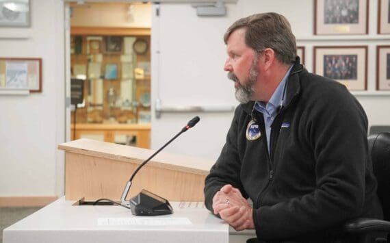 Kenai Peninsula Borough Purchasing & Contracting Director John Hedges speaks to the Kenai Peninsula Borough Assembly during their work session in Soldotna, Alaska, on Tuesday, Sept. 3, 2024. (Jake Dye/Peninsula Clarion)