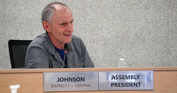 Assembly President Brent Johnson speaks during a meeting of the Kenai Peninsula Borough Assembly on Tuesday, June 4, 2024. (Jake Dye/Peninsula Clarion)