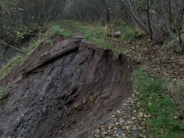 Rains from Friday, Oct. 11, 2024, caused mudslides and washed out part of Diamond Creek Trail, which is closed until further notice. Photo by Eric Clarke