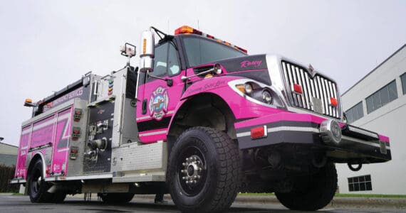 “Miss Rosey,” a pink fire engine dedicated to raising awareness about cancer prevention and screening, is seen after her unveiling at Central Peninsula Hospital in Soldotna, Alaska, on Saturday, Sept. 28, 2024. (Jake Dye/Peninsula Clarion)