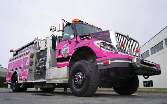 “Miss Rosey,” a pink fire engine dedicated to raising awareness about cancer prevention and screening, is seen after her unveiling at Central Peninsula Hospital in Soldotna, Alaska, on Saturday, Sept. 28, 2024. (Jake Dye/Peninsula Clarion)