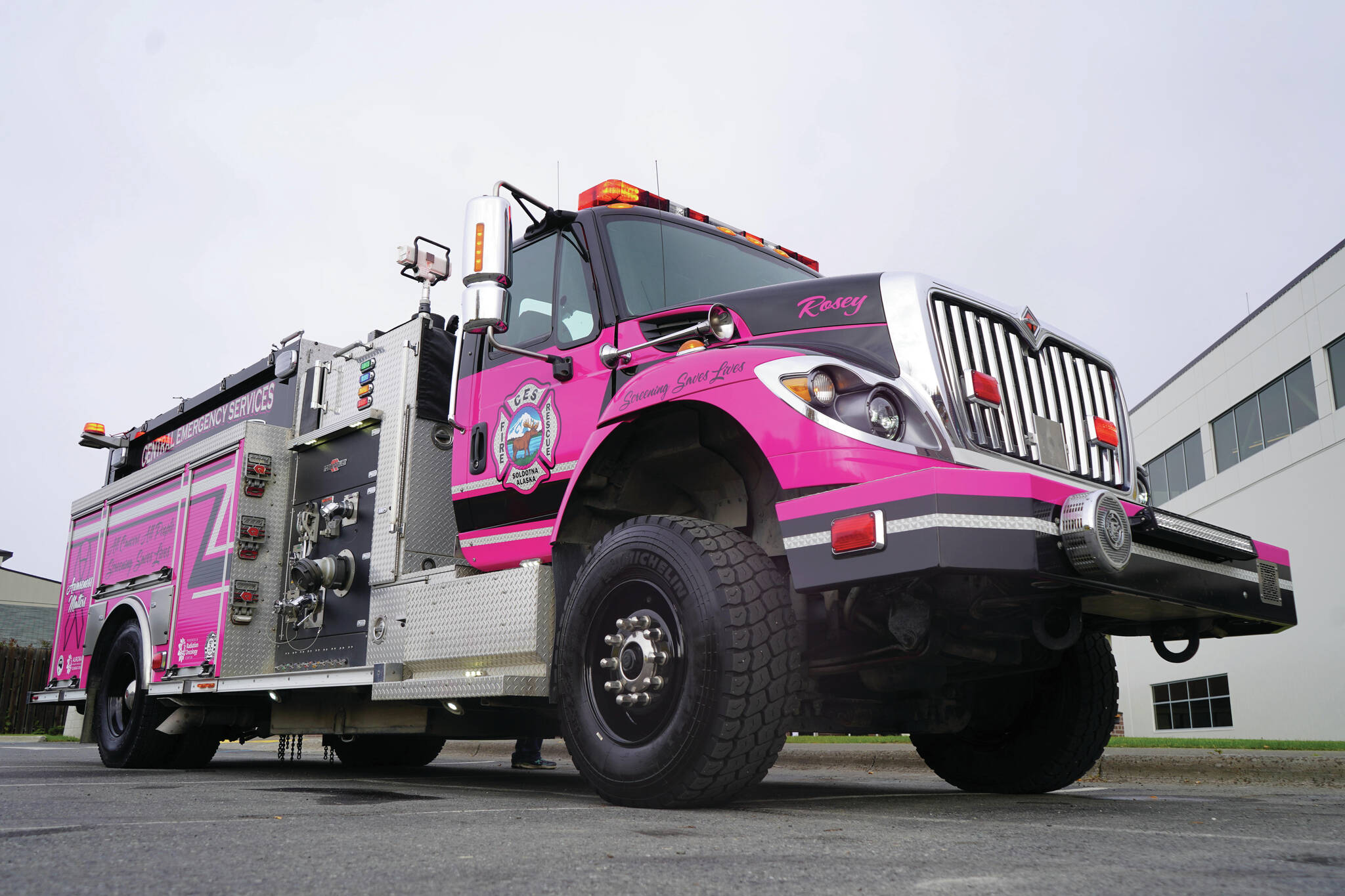 “Miss Rosey,” a pink fire engine dedicated to raising awareness about cancer prevention and screening, is seen after her unveiling at Central Peninsula Hospital in Soldotna, Alaska, on Saturday, Sept. 28, 2024. (Jake Dye/Peninsula Clarion)