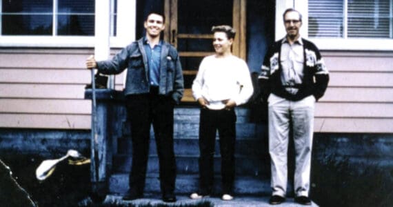 Photo courtesy of the Nutter Family Collection
Posing in front of Warren Melville Nutter’s large home in Hope in about 1961 are (L-R): Warren Nutter’s only biological child, David; David’s younger half-brother Frank Gwartney, and Nutter himself. After Nutter died in 1962, his Hope property was split between the two boys.