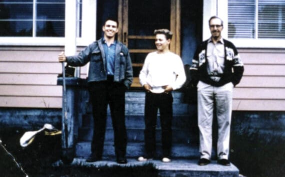 Photo courtesy of the Nutter Family Collection
Posing in front of Warren Melville Nutter’s large home in Hope in about 1961 are (L-R): Warren Nutter’s only biological child, David; David’s younger half-brother Frank Gwartney, and Nutter himself. After Nutter died in 1962, his Hope property was split between the two boys.