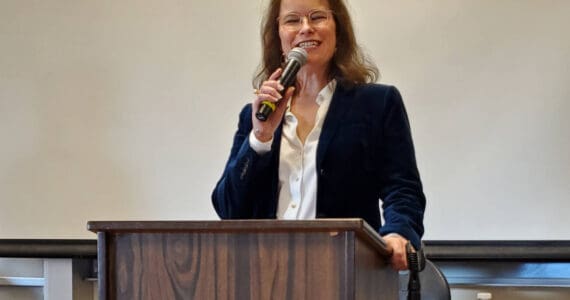 Incumbent Rep. Sarah Vance answers questions during a forum hosted by the Homer Chamber of Commerce for Alaska State House District 6 candidates on Monday, Oct. 14, 2024, at Kachemak Bay Campus in Homer, Alaska. (Delcenia Cosman/Homer News)