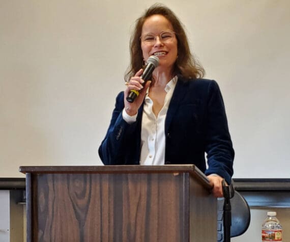 Incumbent Rep. Sarah Vance answers questions during a forum hosted by the Homer Chamber of Commerce for Alaska State House District 6 candidates on Monday, Oct. 14, 2024, at Kachemak Bay Campus in Homer, Alaska. (Delcenia Cosman/Homer News)