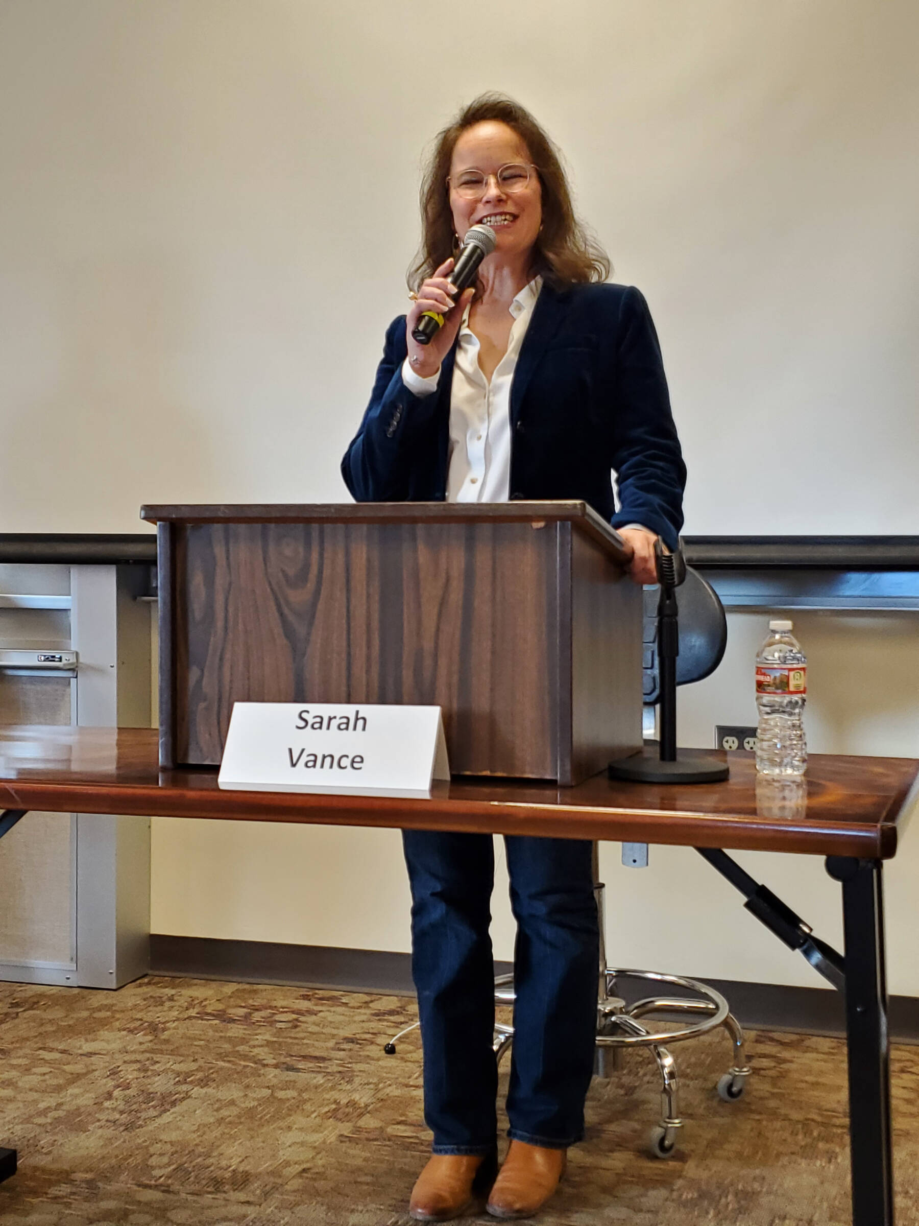 Incumbent Rep. Sarah Vance answers questions during a forum hosted by the Homer Chamber of Commerce for Alaska State House District 6 candidates on Monday, Oct. 14, 2024, at Kachemak Bay Campus in Homer, Alaska. (Delcenia Cosman/Homer News)