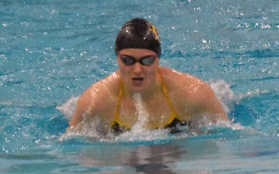 Homer’s Cassidy Carroll competes in the 100-yard individual medley in the SoHi Pentathlon on Friday, Oct. 11, 2024, at Soldotna High School in Soldotna, Alaska. (Photo by Jeff Helminiak/Peninsula Clarion)