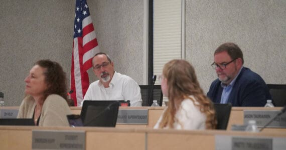 Board President Zen Kelly speaks during a special meeting of the Kenai Peninsula Board of Education in Soldotna, Alaska, on Monday, Oct. 14, 2024. (Jake Dye/Peninsula Clarion)