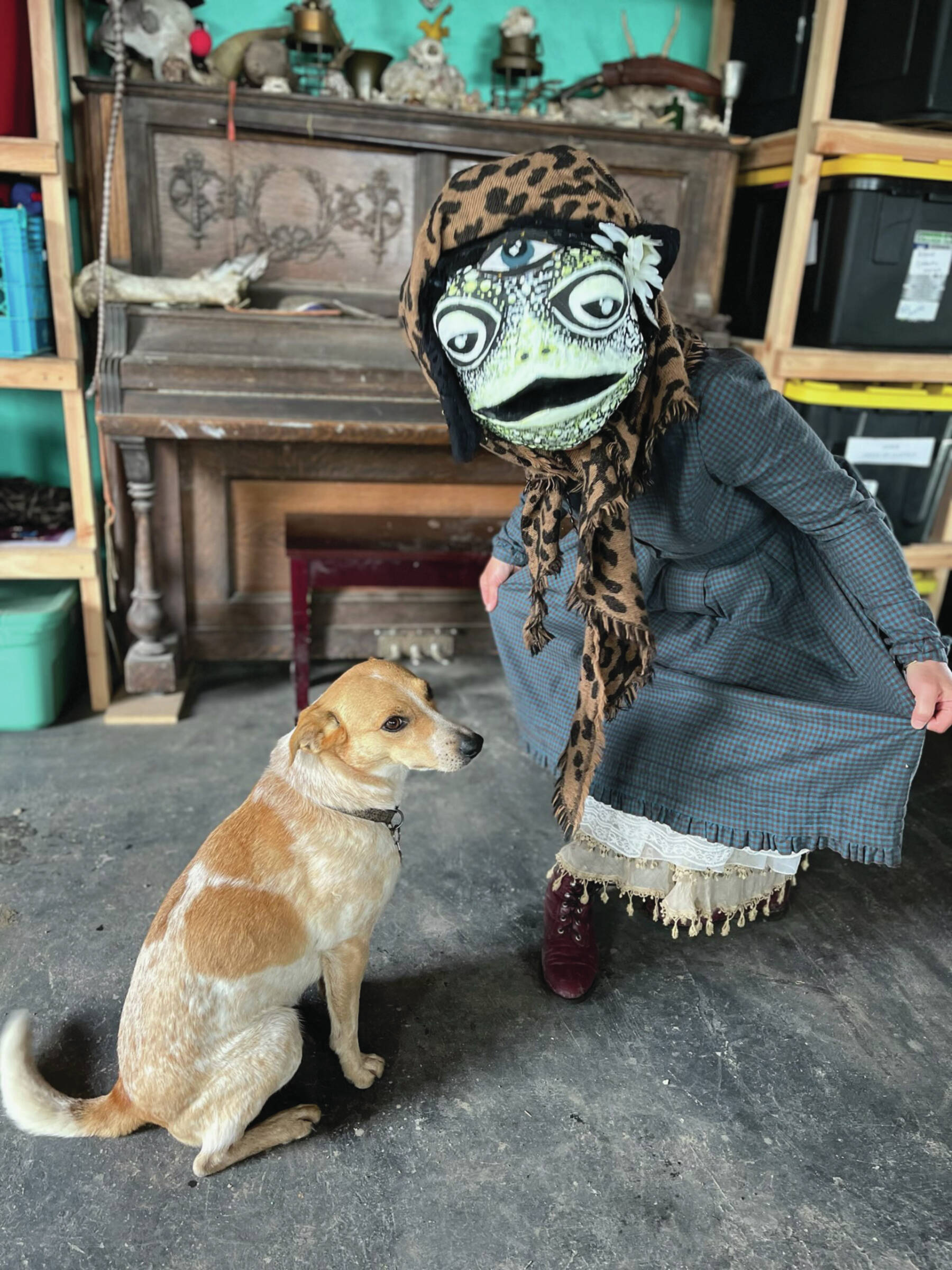 A model presents a frog mask created by Carly Garay for the 2023 Homer Wearable Arts show ‘Camp.’ Photo by Annie Garay.