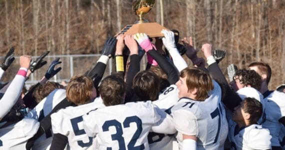 Homer celebrates Saturday, Oct. 19, 2024, at the Division III First National Bowl at Veterans Memorial Field at Wasilla High School in Wasilla, Alaska. (Photo by Jeff Helminiak/Peninsula Clarion)