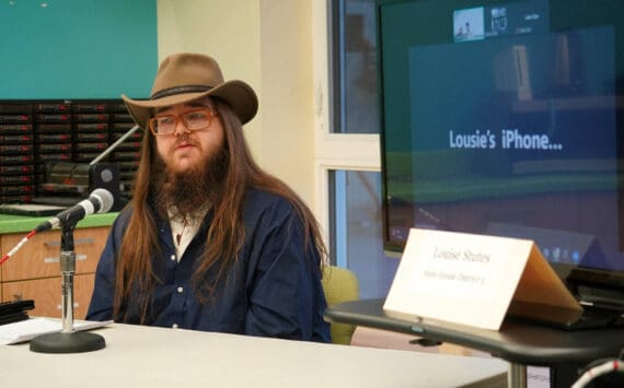 Alaska State House District 5 candidates Leighton Radner and Rep. Louise Stutes participate in a candidate forum hosted by the Peninsula Clarion and KBBI 890 AM at the Seward Community Library in Seward, Alaska, on Thursday, Oct. 17, 2024. (Jake Dye/Peninsula Clarion)