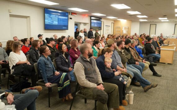 Parents and supporters of Aurora Borealis Charter School fill the Betty J. Glick Assembly Chambers during a meeting of the Kenai Peninsula Borough School District Charter Oversight Committee in Soldotna, Alaska, on Monday, Oct. 21, 2024. (Jake Dye/Peninsula Clarion)