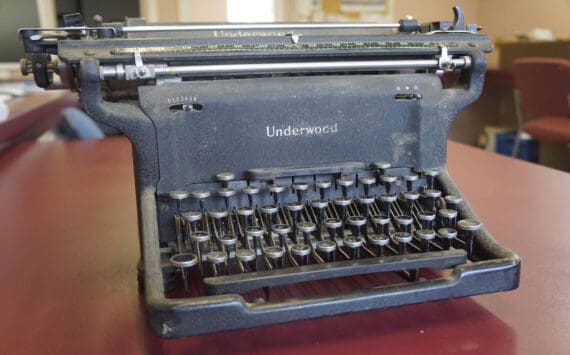 A vintage Underwood typewriter sits on a table on Tuesday, Feb. 22, 2022, at the Homer News in Homer, Alaska. (Photo by Michael Armstrong/Homer News)