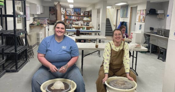 Emilie Springer/Homer News
Xochitl Harbison (left) and Jenna Gerrety (right) trim bowls in the Homer Council on the Arts studio<ins> in Homer, Alaska,</ins> on Friday, Oct. 25<ins>, 2024,</ins> in preparation for the Empty Bowl fundraiser.