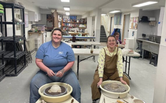 Emilie Springer/Homer News
Xochitl Harbison (left) and Jenna Gerrety (right) trim bowls in the Homer Council on the Arts studio<ins> in Homer, Alaska,</ins> on Friday, Oct. 25<ins>, 2024,</ins> in preparation for the Empty Bowl fundraiser.