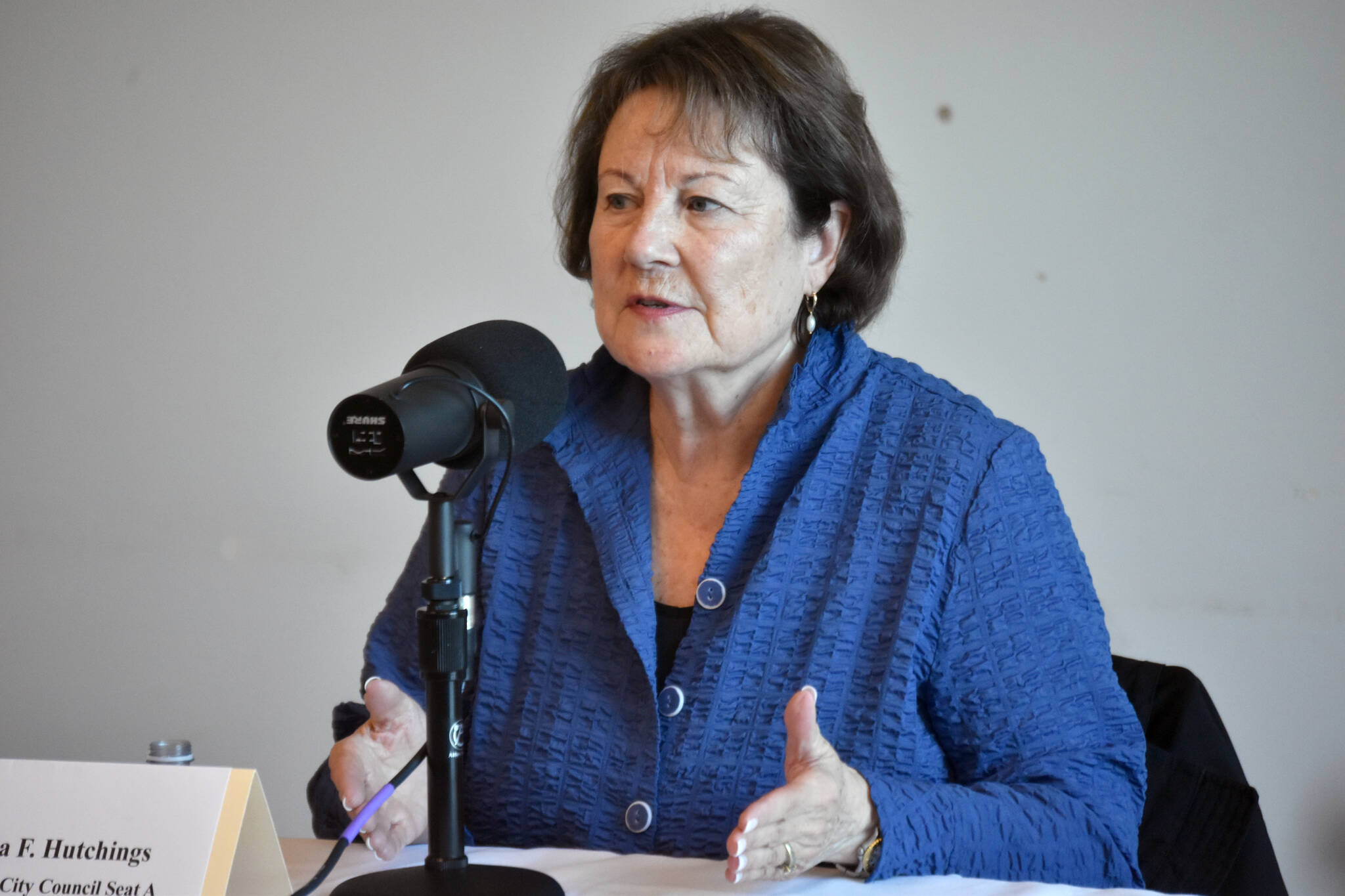 Soldotna City Council member Linda Farnsworth-Hutchings participates in the Peninsula Clarion and KDLL candidate forum series, Thursday, Sept. 5 , at the Soldotna Public Library in Soldotna, Alaska. (Photo by Erin Thompson/Peninsula Clarion)