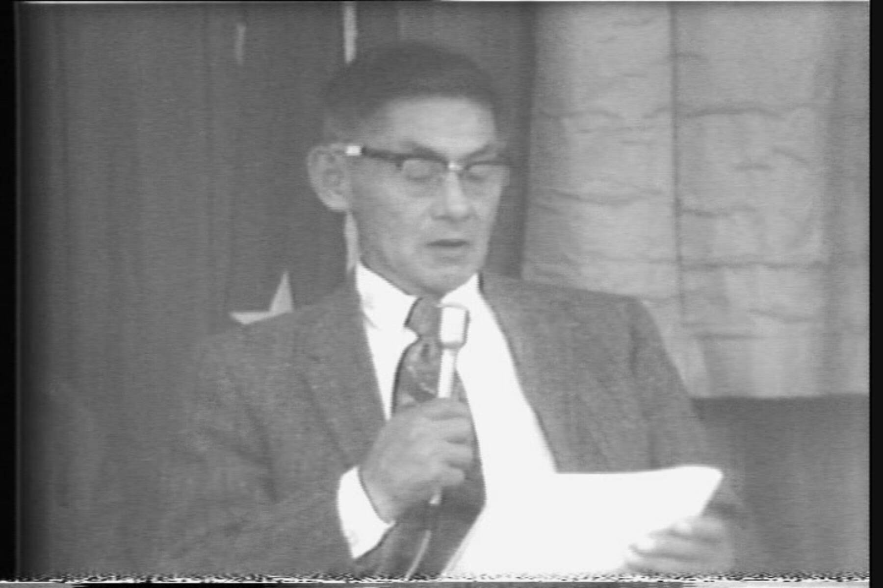 Photo provided by Shana Loshbaugh
Dena’ina writer, translator and ethnographer Peter Kalifornsky speaks at the first Kenai Peninsula history conference held at Kenai Central High School on Nov. 7-8, 1974.