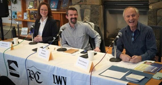 State House District 6 candidates Rep. Sarah Vance, Dawson Slaughter and Brent Johnson participate in a candidate forum hosted by the Peninsula Clarion and KBBI 890 AM at the Homer Public Library in Homer, Alaska, on Tuesday, Oct. 29, 2024. (Jake Dye/Peninsula Clarion)