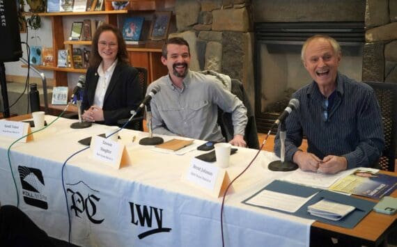 State House District 6 candidates Rep. Sarah Vance, Dawson Slaughter and Brent Johnson participate in a candidate forum hosted by the Peninsula Clarion and KBBI 890 AM at the Homer Public Library in Homer, Alaska, on Tuesday, Oct. 29, 2024. (Jake Dye/Peninsula Clarion)