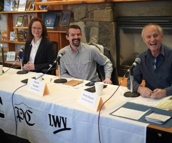 State House District 6 candidates Rep. Sarah Vance, Dawson Slaughter and Brent Johnson participate in a candidate forum hosted by the Peninsula Clarion and KBBI 890 AM at the Homer Public Library in Homer, Alaska, on Tuesday, Oct. 29, 2024. (Jake Dye/Peninsula Clarion)