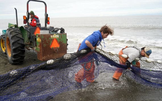 Lisa Gabriel, left, watches as beach seine nets are pulled from the waters of Cook Inlet at a test site for the gear near Kenai, Alaska, on Tuesday, July 30, 2024. (Jake Dye/Peninsula Clarion)