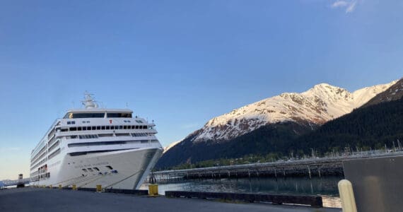 A cruise ship is docked in Seward, Alaska on Wednesday, May 25, 2022. (Camille Botello/Peninsula Clarion)