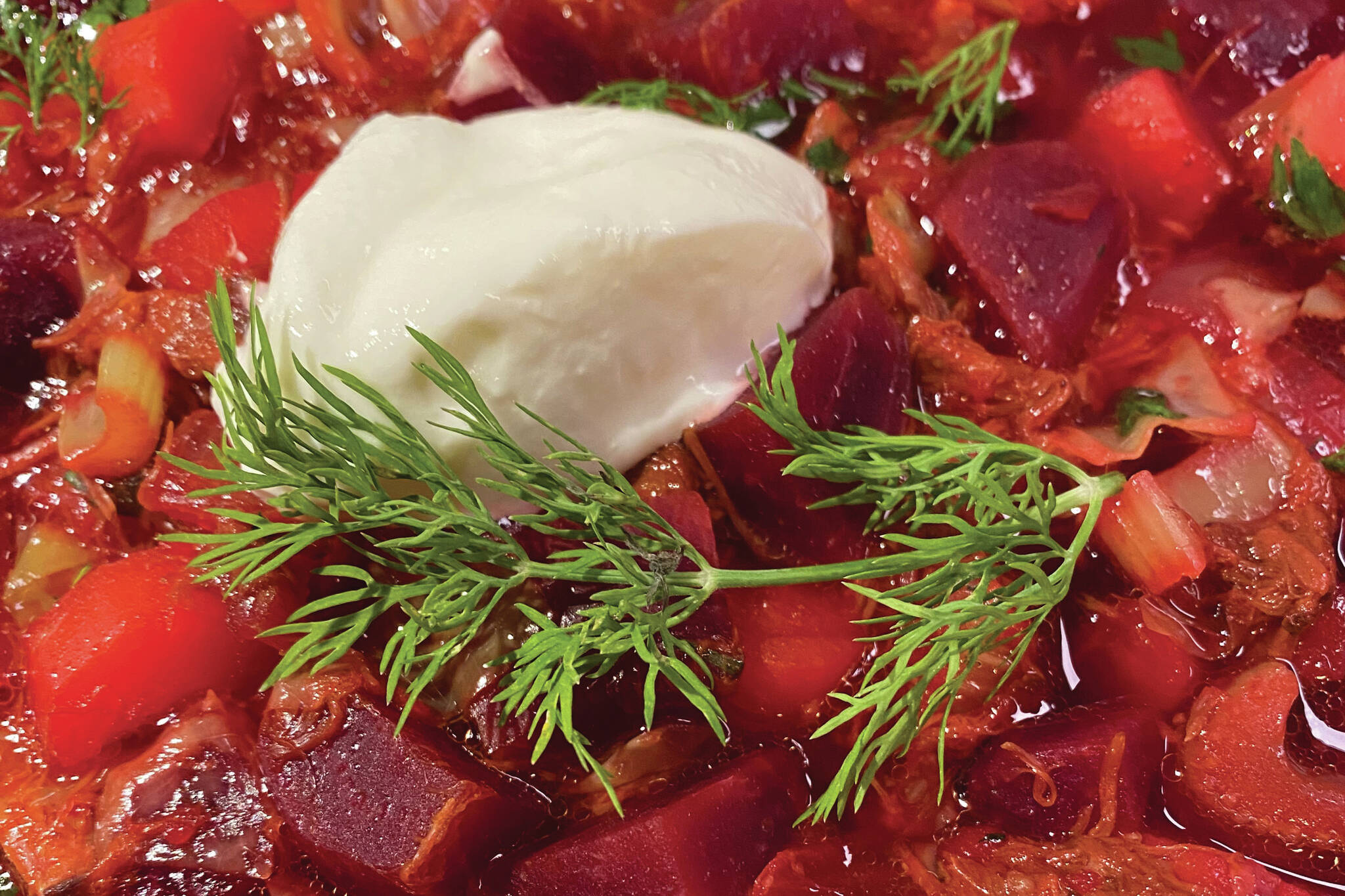 This slow-simmered ox tail broth makes this otherwise simple borscht recipe quite luxurious. (Photo by Tressa Dale/Peninsula Clarion)