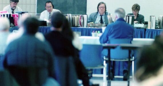 The Alaska Board of Fisheries hears public testimony at the Soldotna Regional Sports Complex in Soldotna, Alaska, on Feb. 18, 1999. (M. Scott Moon/Peninsula Clarion file)