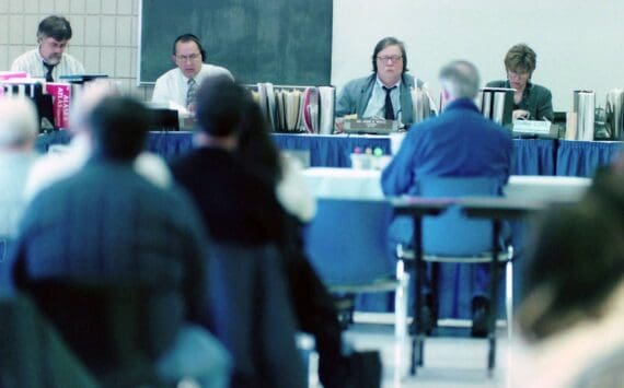 The Alaska Board of Fisheries hears public testimony at the Soldotna Regional Sports Complex in Soldotna, Alaska, on Feb. 18, 1999. (M. Scott Moon/Peninsula Clarion file)