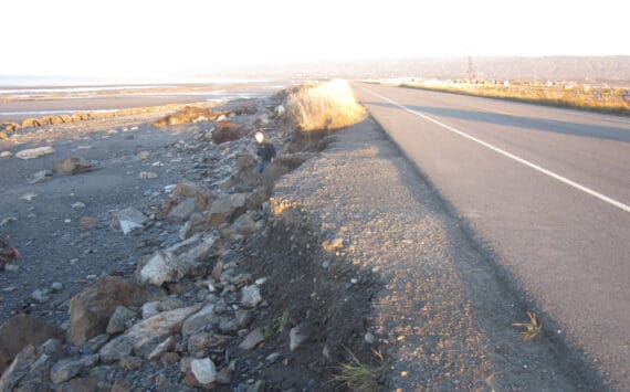 Erosion damage to the Homer Spit Road roadbed, caused by a severe winter storm event on Oct. 16, is photographed on Thursday, Oct. 17, 2024, in Homer, Alaska. The worst of the erosion occurred across the road from the Heritage RV campground office on the Spit. Photo by Bryan Hawkins