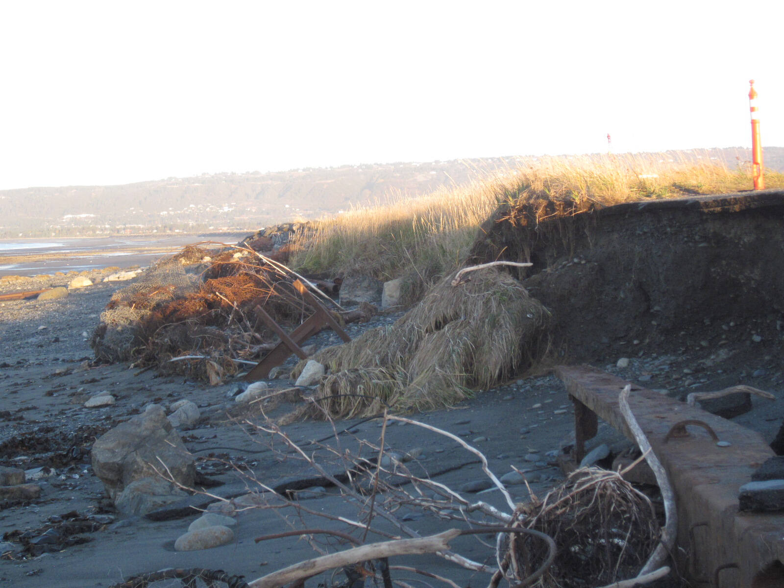 A severe storm event on Oct. 16 caused erosion to the roadbed of the Homer Spit Road, photographed on Thursday, Oct. 17, 2024, in Homer, Alaska. Photo by Bryan Hawkins