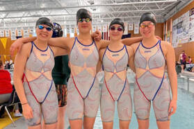 Kenai Central’s Ra’ah Roady, Abigail Price, Sierra Hershberger and Isla Crouse qualified for state in the 200- and 400-yard freestyle relays at the Region III Swim and Dive Championships at Kodiak High School on Nov. 1 and 2, 2024. (Photo provided)